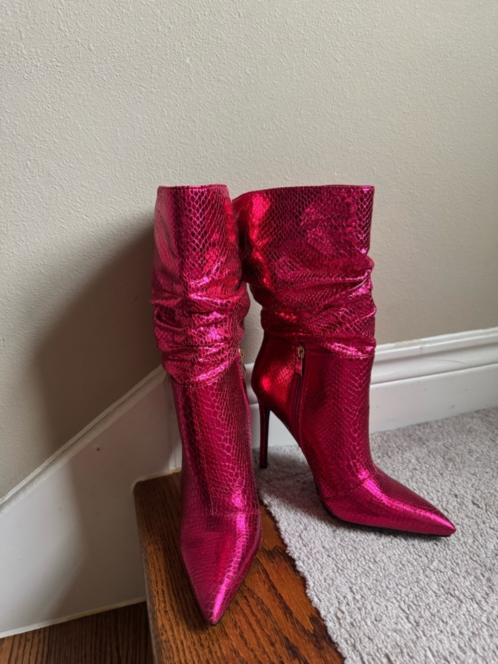 Metallic Fuchsia Pointed-Toe Stiletto Mid-Calf Boots - Picture 2 of 4